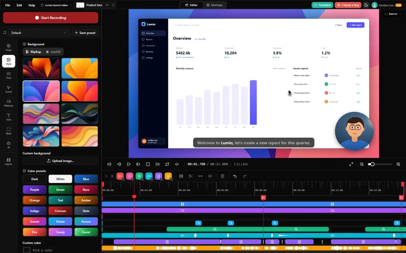 The KlipKap editor: style settings on the left, the preview of a recording with a webcam bubble and subtitles in the middle, the timeline below.