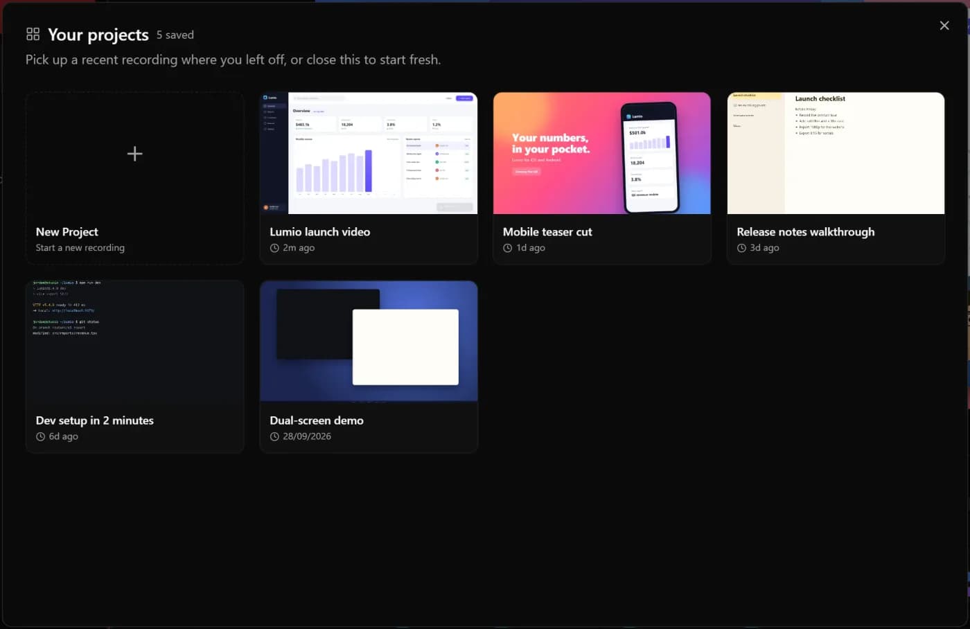 The Your projects gallery with five saved projects and a New Project tile.