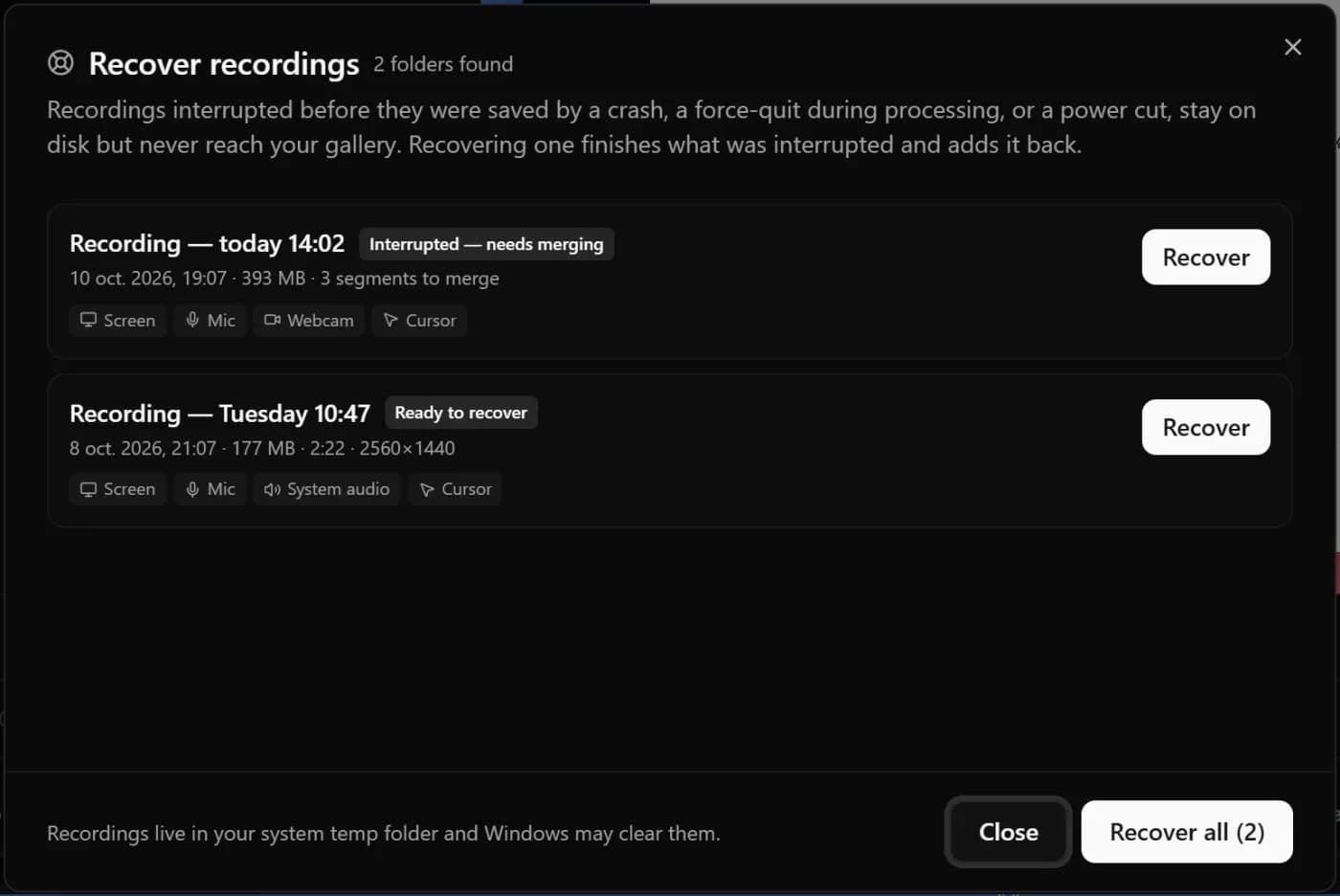 The Recover recordings dialog listing two interrupted recordings, each with a Recover button, and a Recover all button.