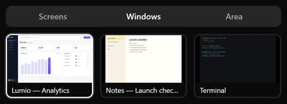 The source picker's Windows tab showing three open windows to choose from: an analytics app, a notes app and a terminal.