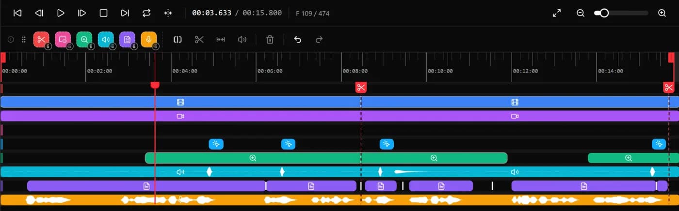 The timeline with its tracks for video, webcam, clicks, zooms, audio, subtitles and microphone.