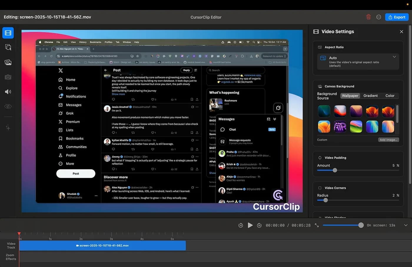 The CursorClip editor showing a recorded browser window with a webcam inset and a separate zoom effects track.