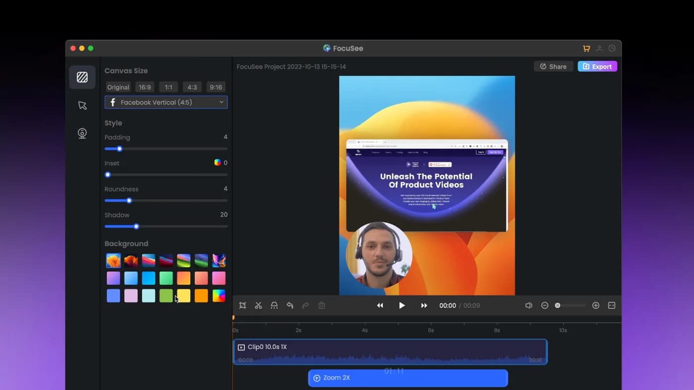 The FocuSee editor showing a recorded screen on a coloured background with editing controls.
