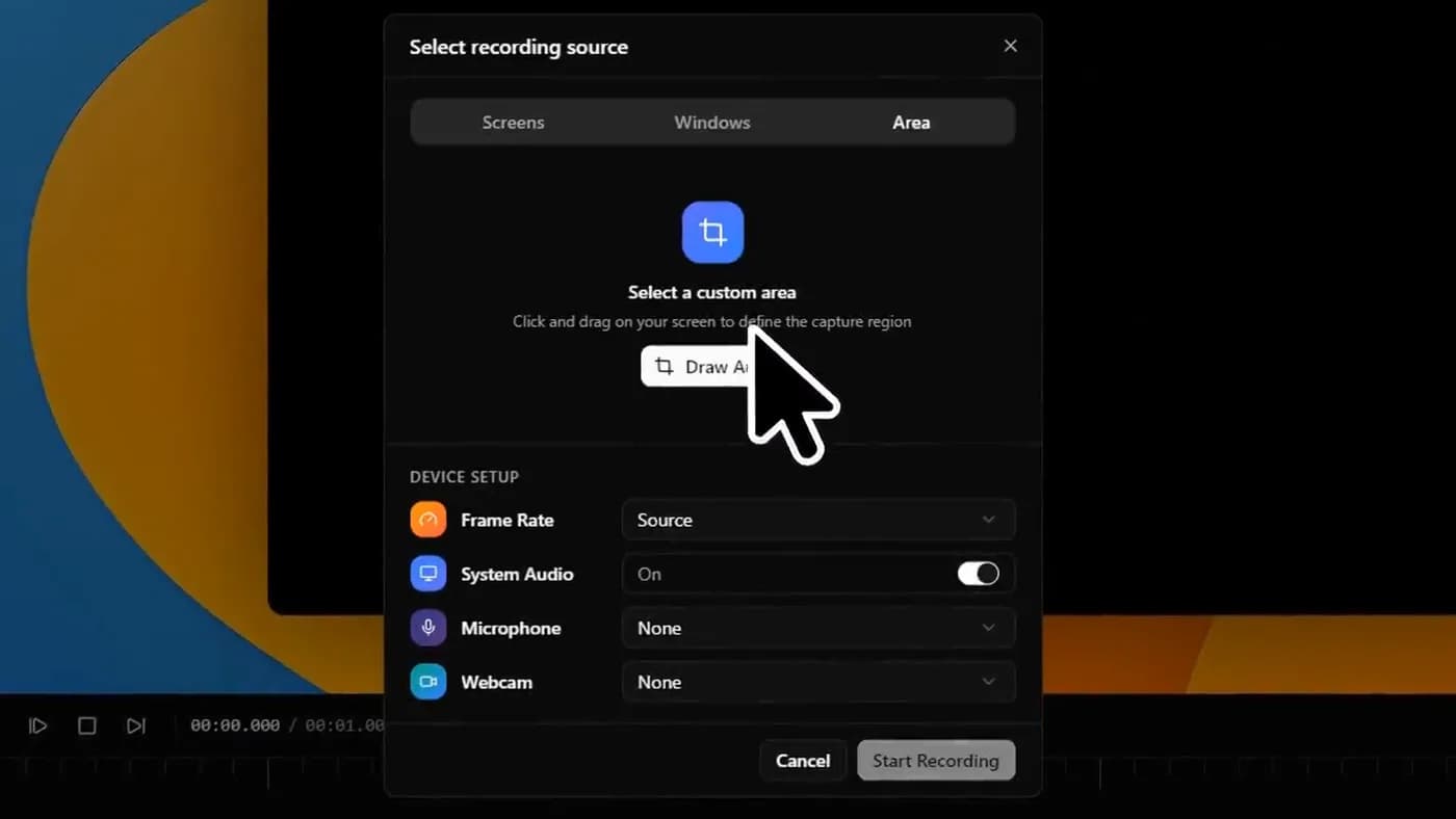 A recording source dialog with Frame Rate, System Audio, Microphone and Webcam settings