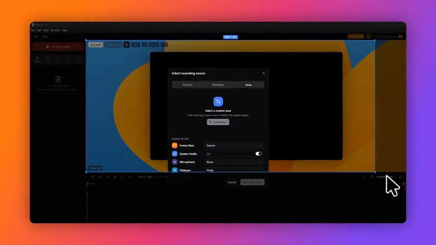 A screen recorder running on Windows with its source picker open over the editor