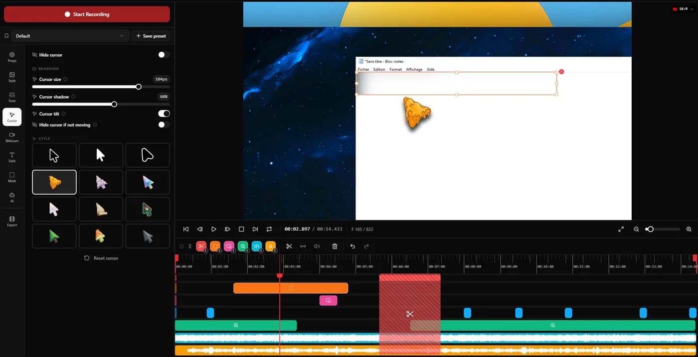 KlipKap Pro cursor panel with sliders for size and shadow, toggles for tilt and hide-when-idle, and a grid of twelve pointer styles.