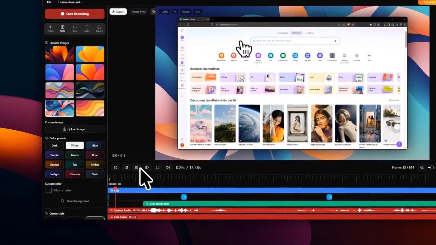 A style panel with background presets, colour presets and cursor styles beside a timeline