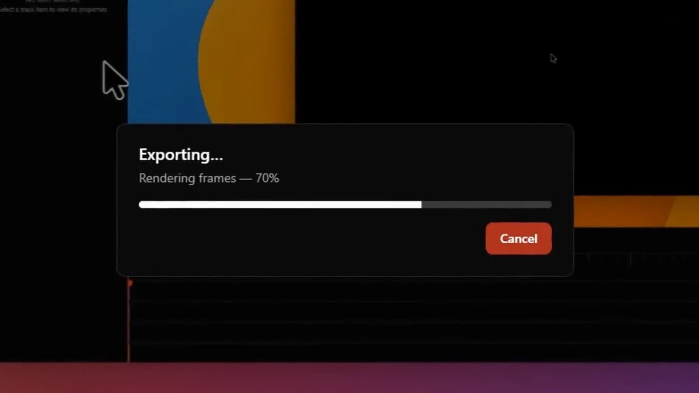An export rendering frames, with a progress dialog over the editor
