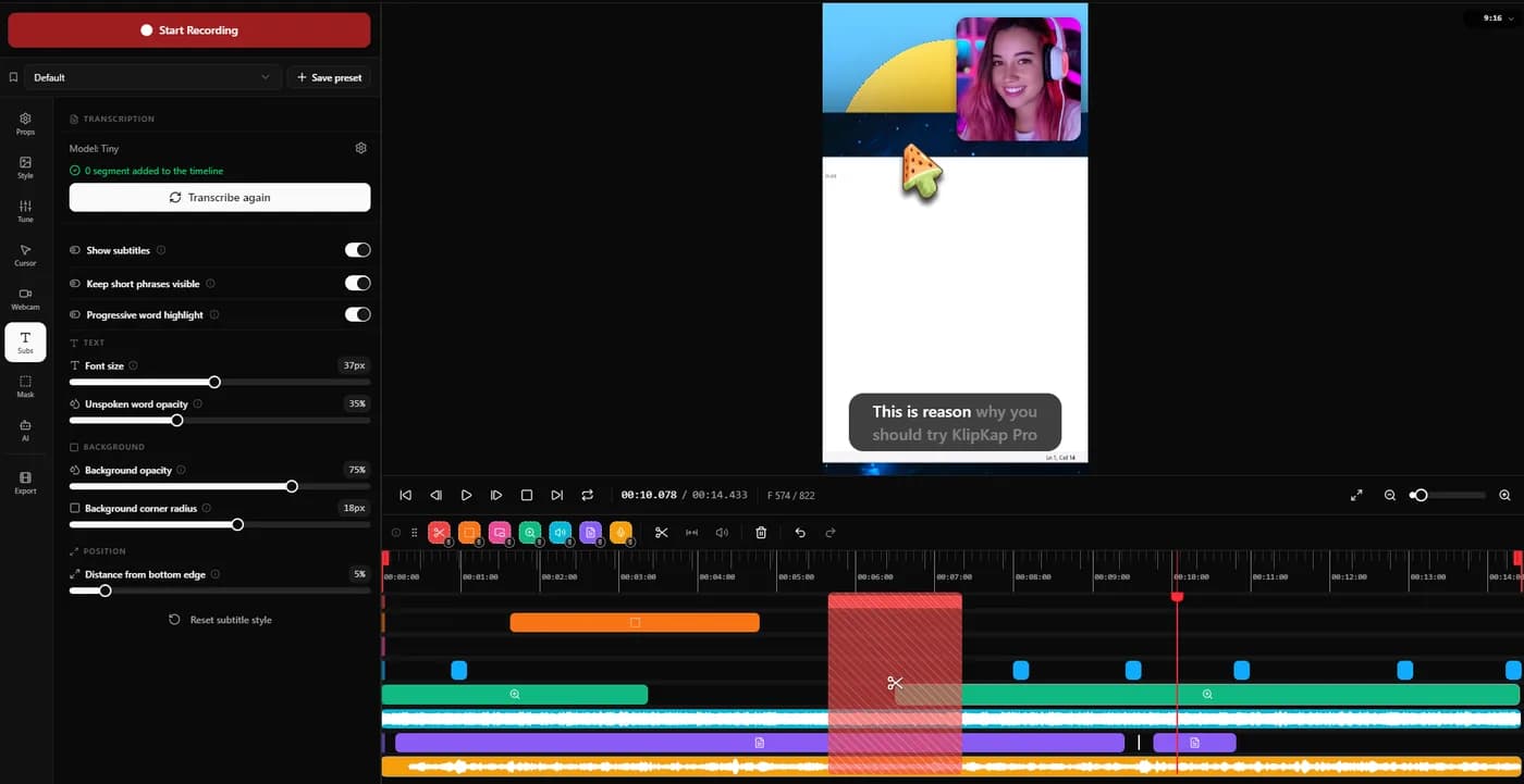 KlipKap Pro subtitle panel with a transcription model selector and sliders for font size and unspoken word opacity, beside a 9:16 preview where the spoken words are bright and the rest are dimmed.
