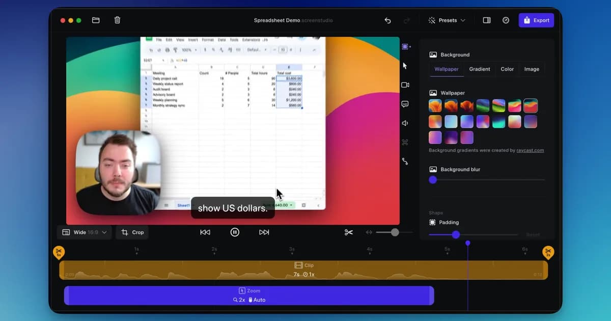 The Screen Studio editor showing a recording with a webcam bubble and zoom clips on the timeline.