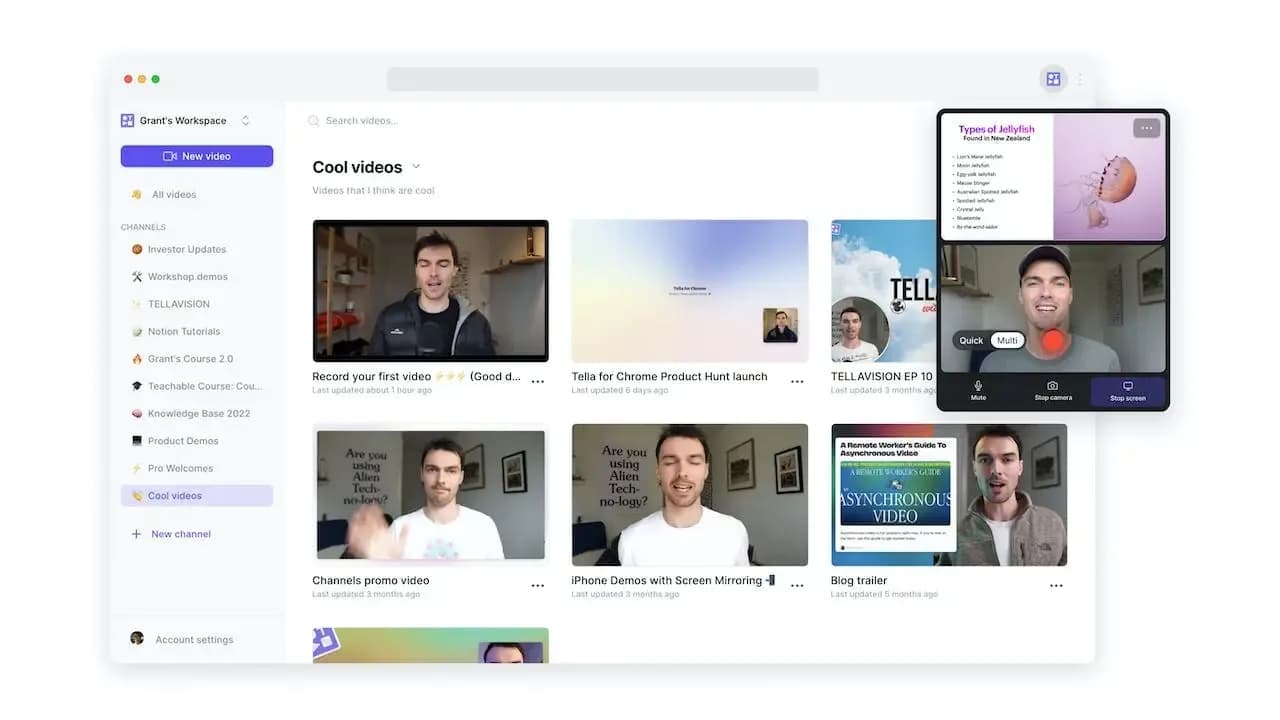 The Tella interface showing a recording with a layout preset and background.