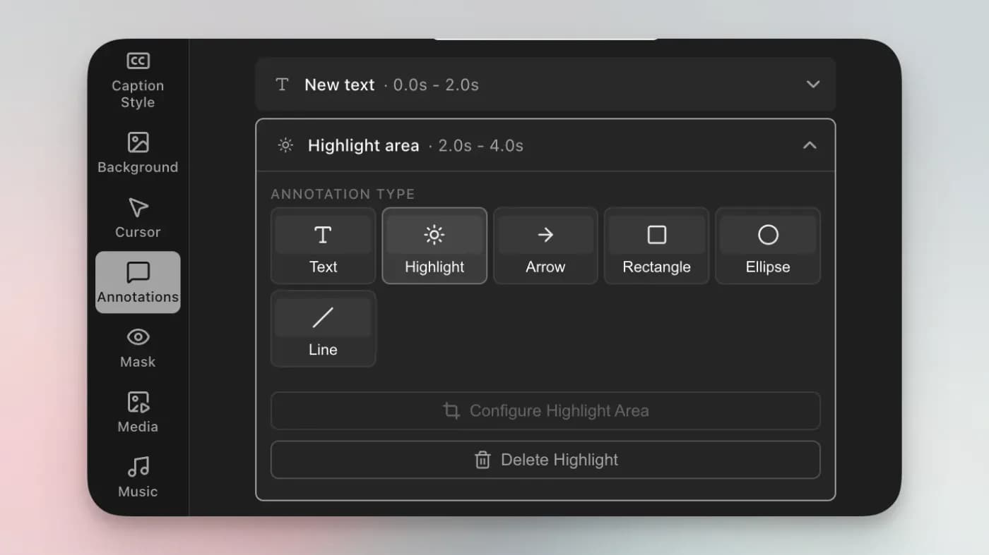 The Tight Studio editor with its annotations panel open, beside a sidebar covering caption style, background, cursor, mask, media and music.