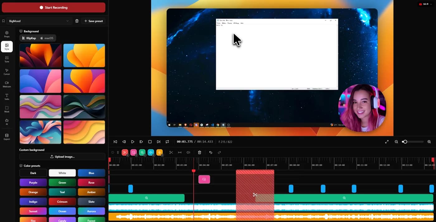 The KlipKap Pro editor showing a recorded window on a gradient background with a webcam bubble and a timeline carrying zoom and audio tracks.