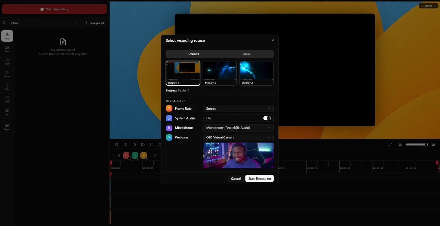 The KlipKap Pro source picker showing connected displays with live thumbnails, tabs for Screens, Windows and Area, and microphone and webcam selection.