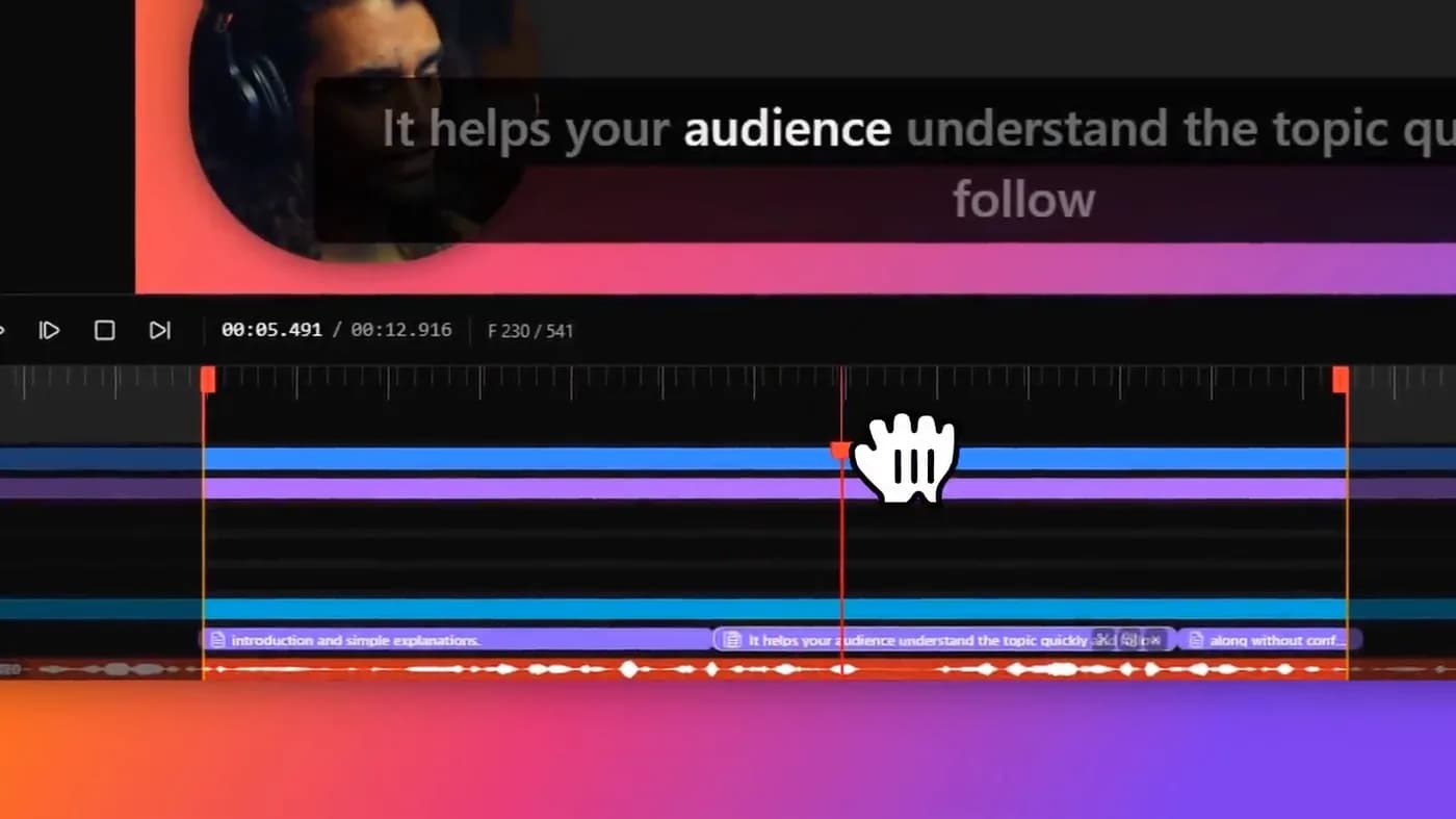 A timeline close-up showing subtitle segments and an audio waveform