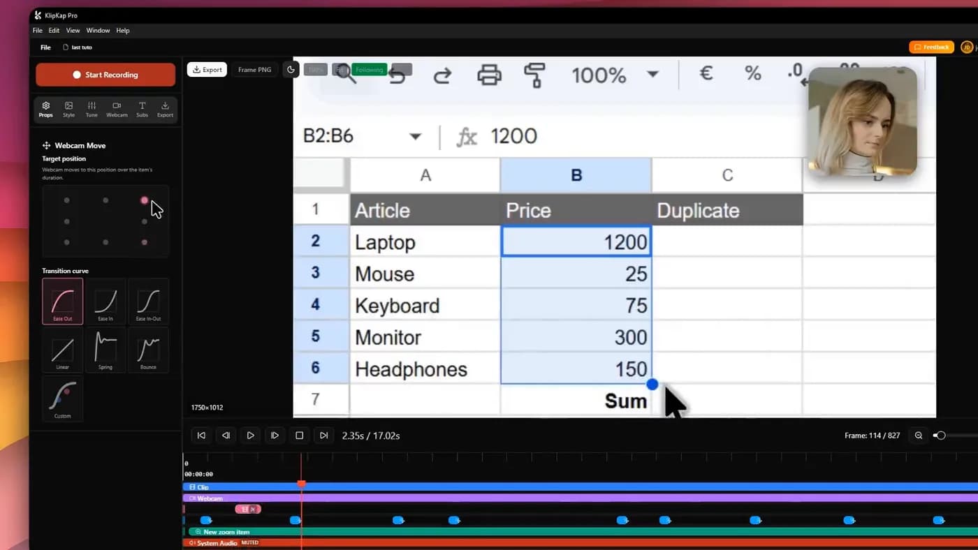 A webcam positioning panel with a 3x3 target grid and transition curves, beside a recording on a Mac