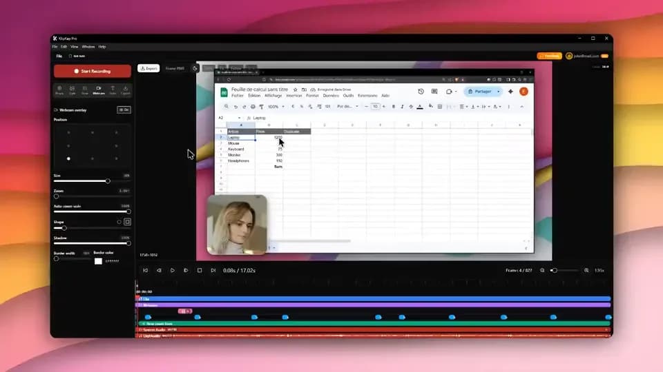 Webcam overlay positions shown on a 3x3 grid over a screen recording
