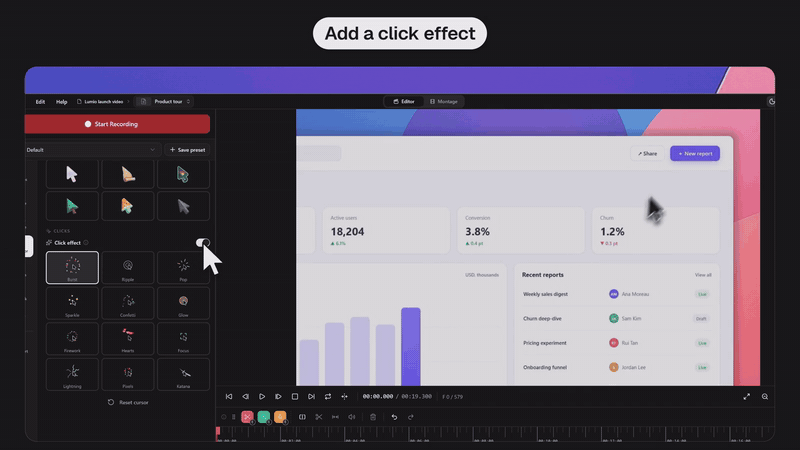The Cursor tab's grid of twelve click effects; each click in the preview plays the selected effect under the cursor.