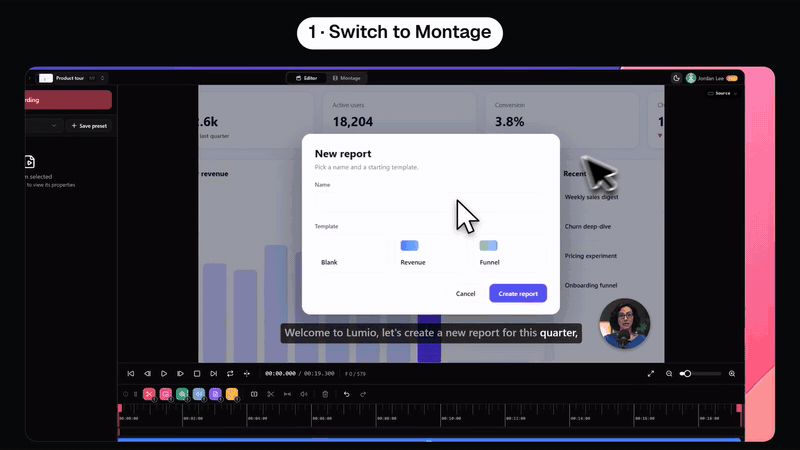 The Montage tab: a title card is added before the first clip, a crossfade is picked between two clips, and a music track sits under the whole timeline.
